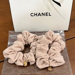 CHANEL GWP Blush Beige Scrunchie Duo with Gold Logo Charms